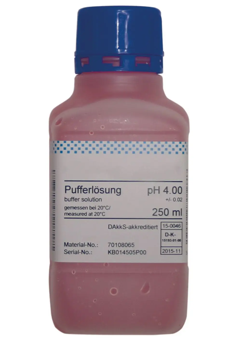 Flasche mit Judo Pufferlösung in pink, beschriftet mit pH 4.00, 250 ml Inhalt, Material- und Seriennummer sowie Angaben zur Messung bei 20°C.